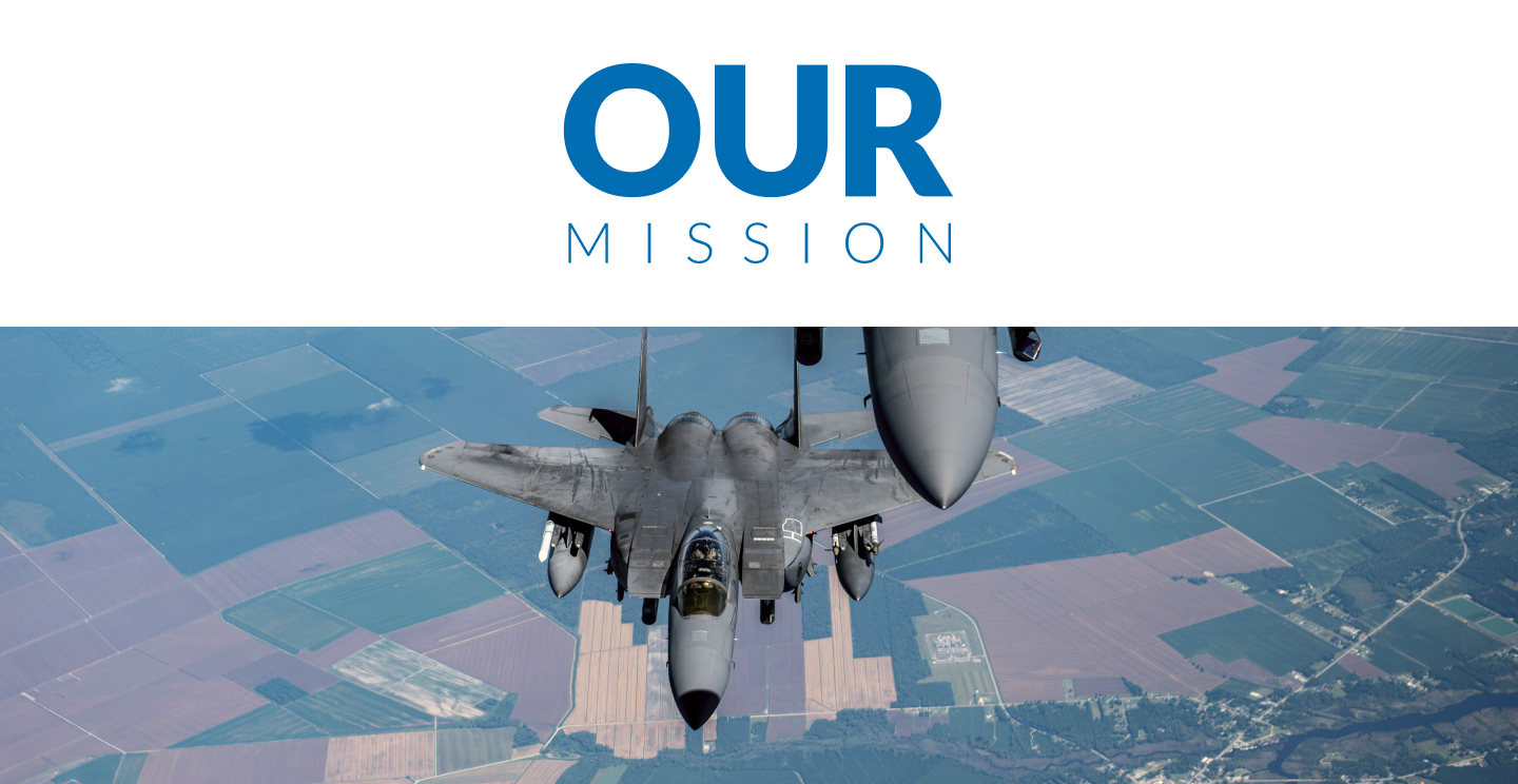"Our Mission" header above a plan flying over land